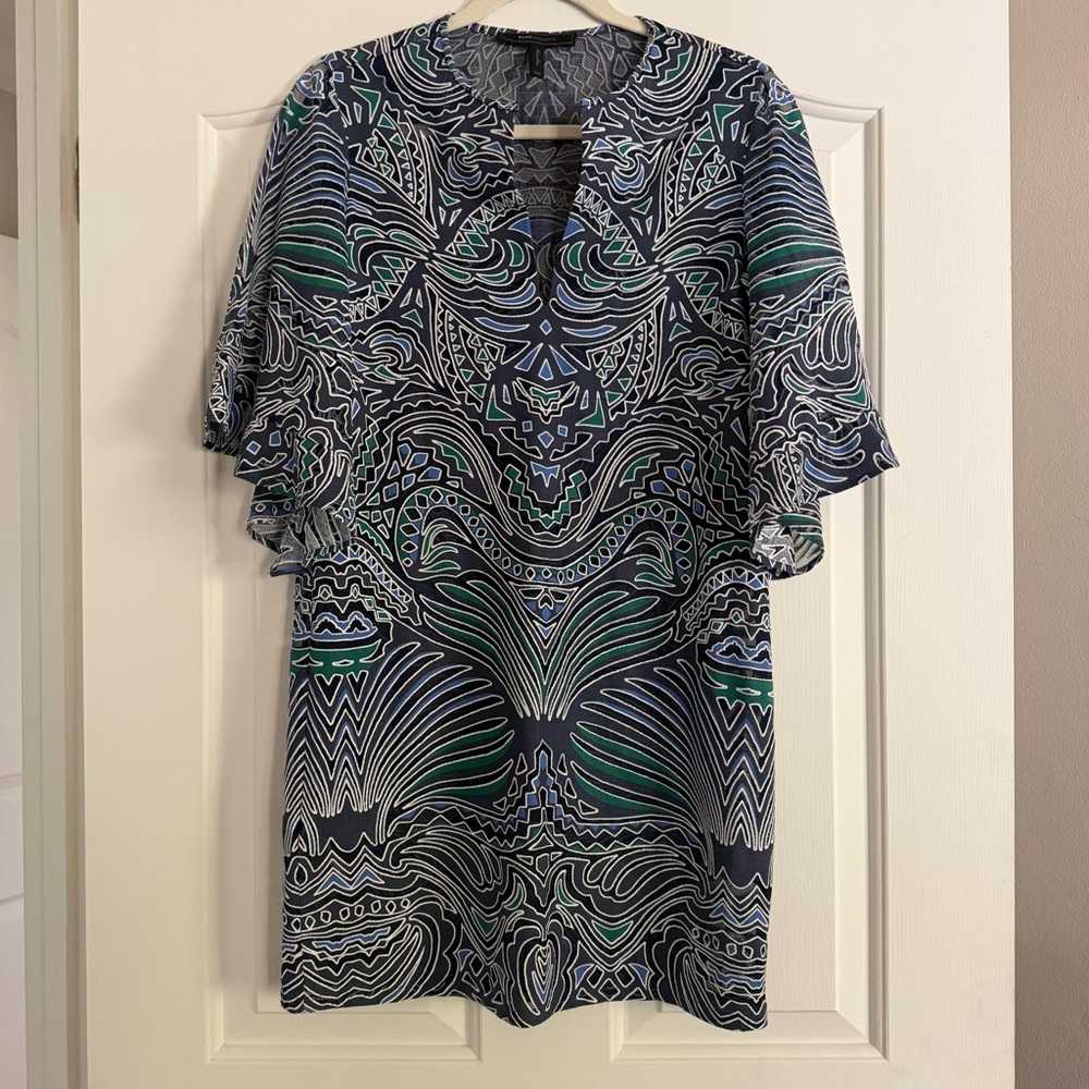 BCBG Max Azria Printed Shift Dress Blue Green Short Sleeve XXS
